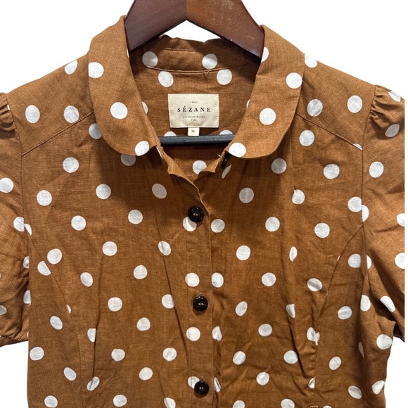 Sezane Polka Dot Linen Maxi Dress Brown White Button Front Short Sleeve Size 36 - Picture 3 of 5